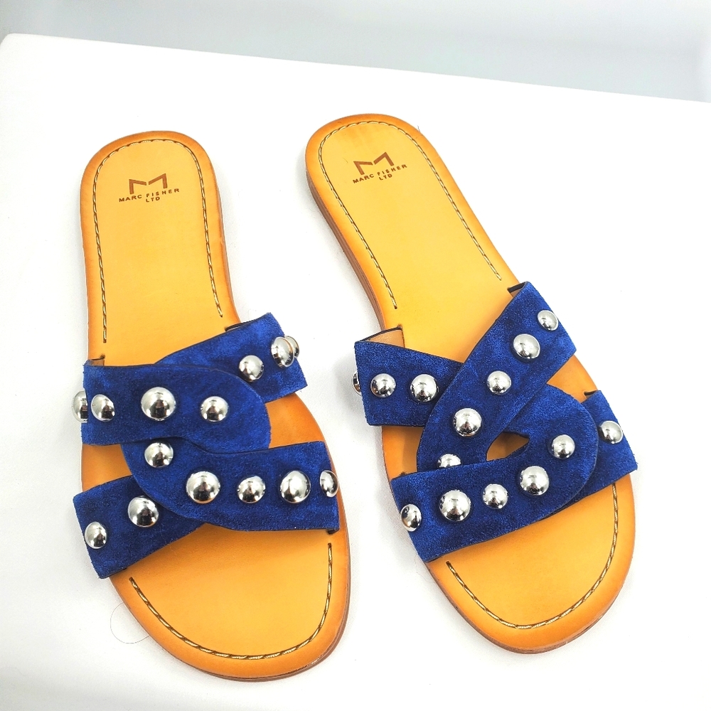Marc Fisher Blue Suede Studded Slide Sandals
